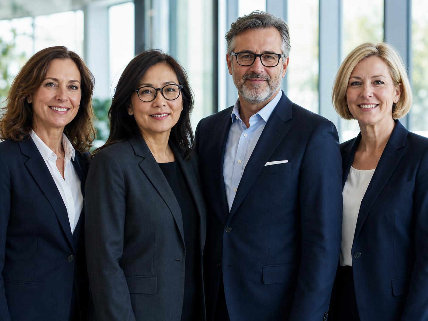 A group of mature professional consultants in business suits standing together